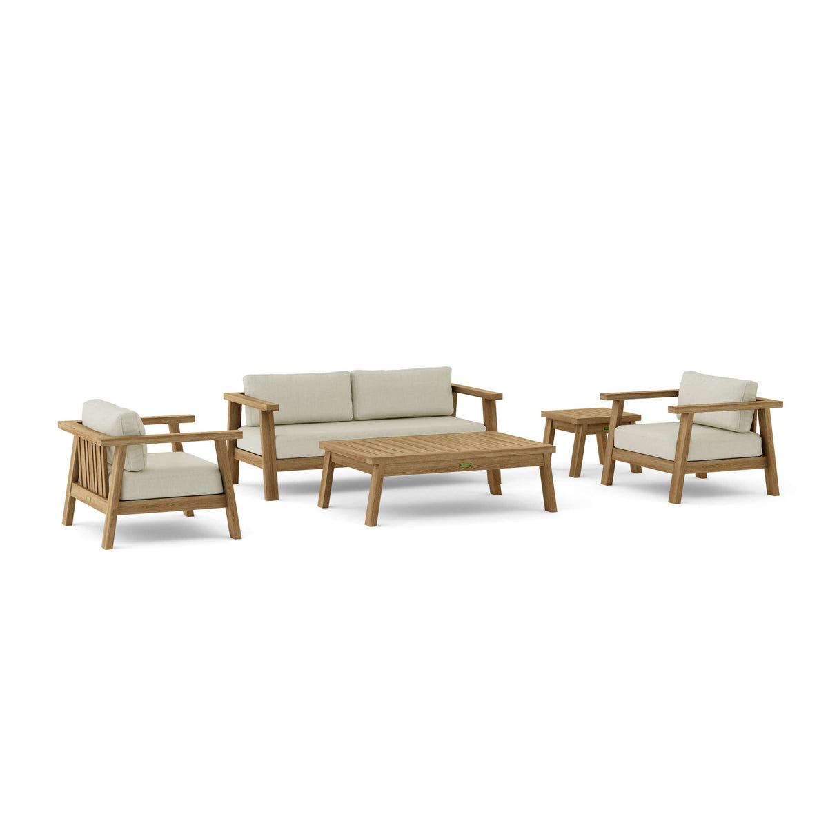 Outdoor furniture set with wooden chairs and sofa on a white background