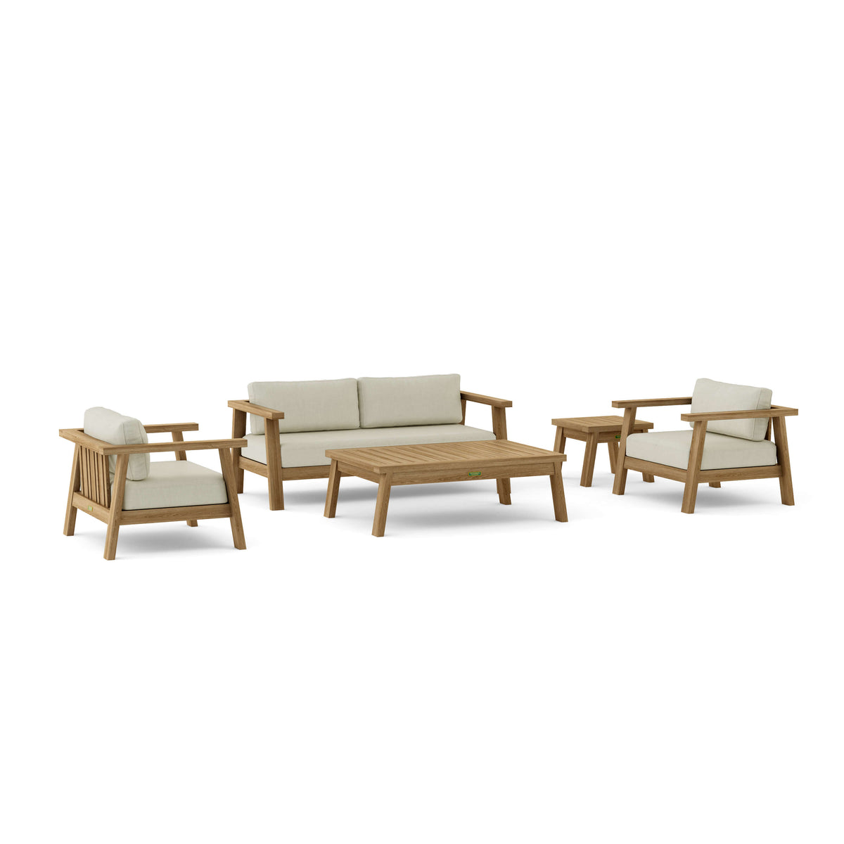Outdoor furniture set with wooden chairs and sofa on a white background