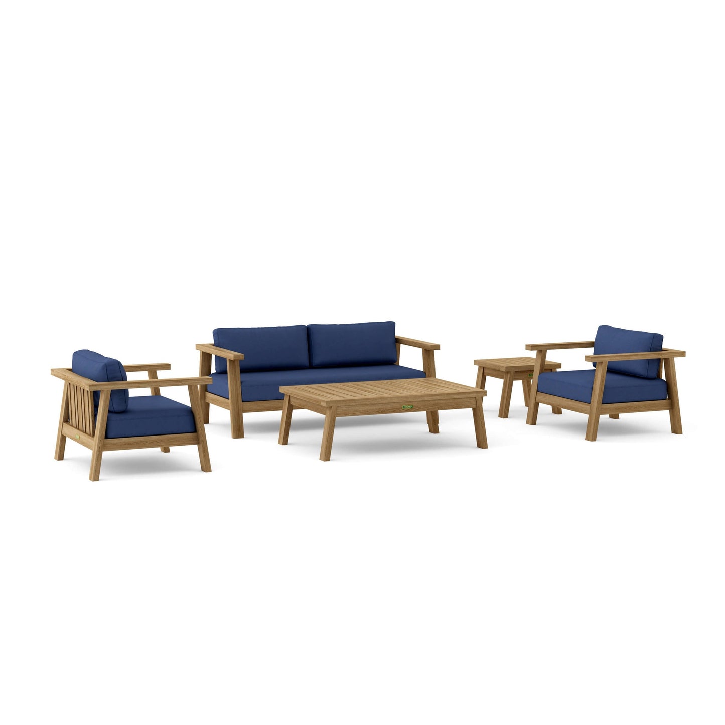 Outdoor furniture set with wooden frames and blue cushions on a white background