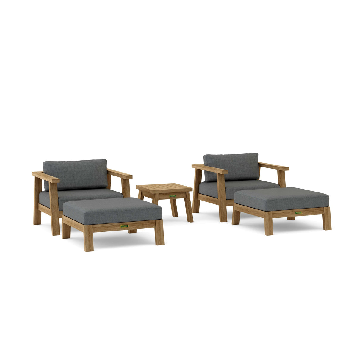 Outdoor furniture set with wooden frames and gray cushions on a white background