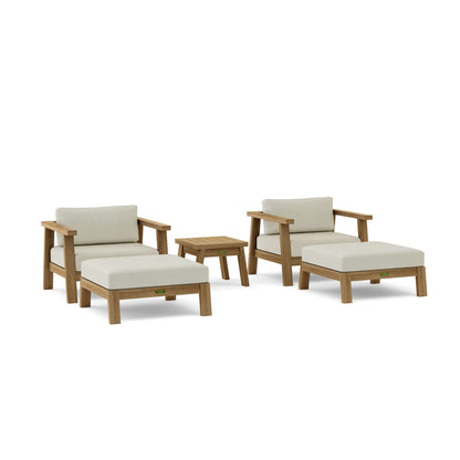 Outdoor furniture set with chairs, ottomans, and a table on a white background