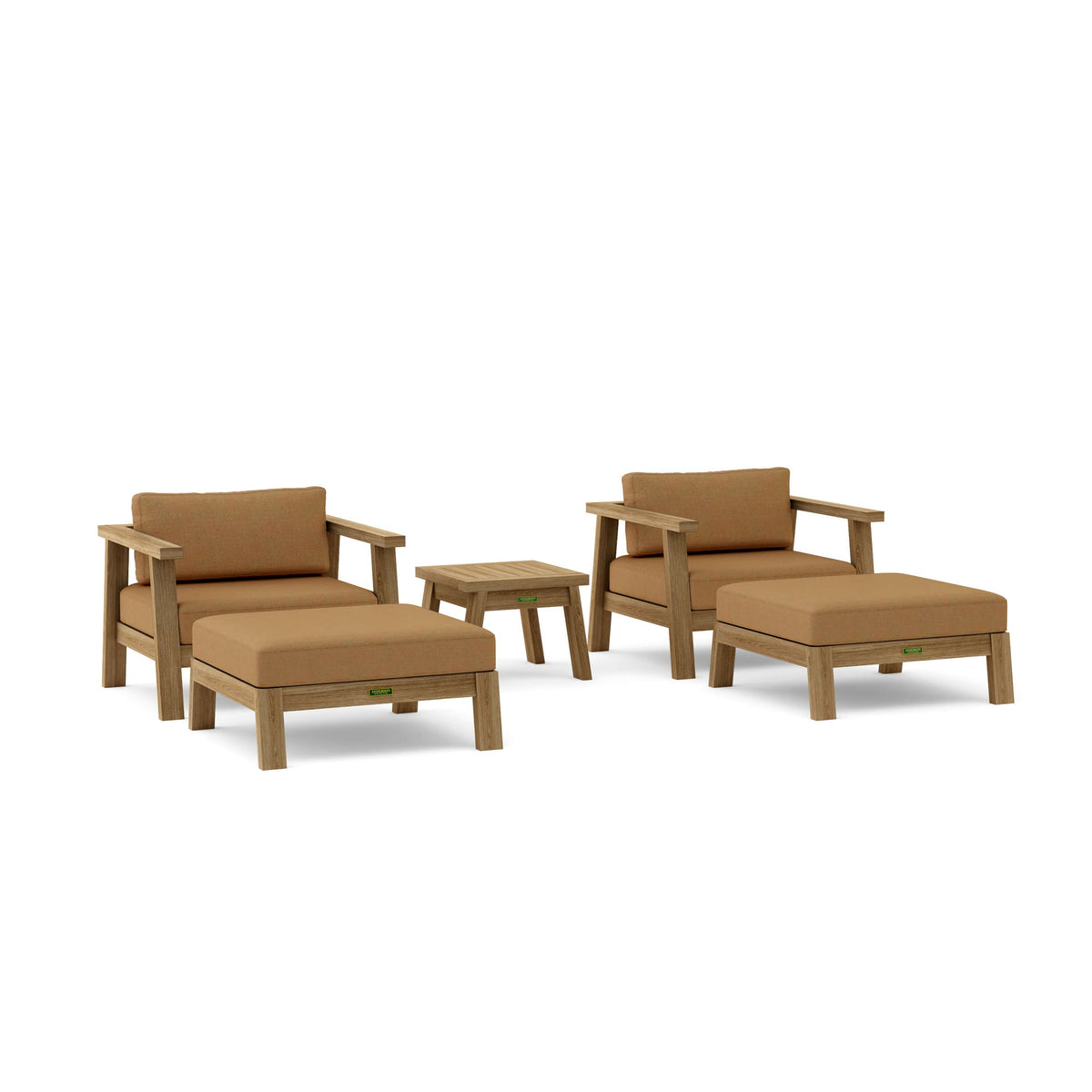 Brown outdoor furniture set with chairs, ottomans, and a small table on a white background