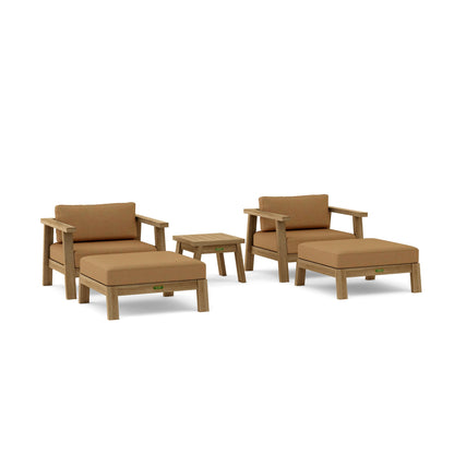 Brown outdoor furniture set with chairs, ottomans, and a small table on a white background