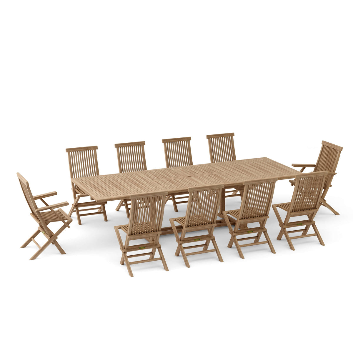 Wooden outdoor dining set with table and chairs on a white background
