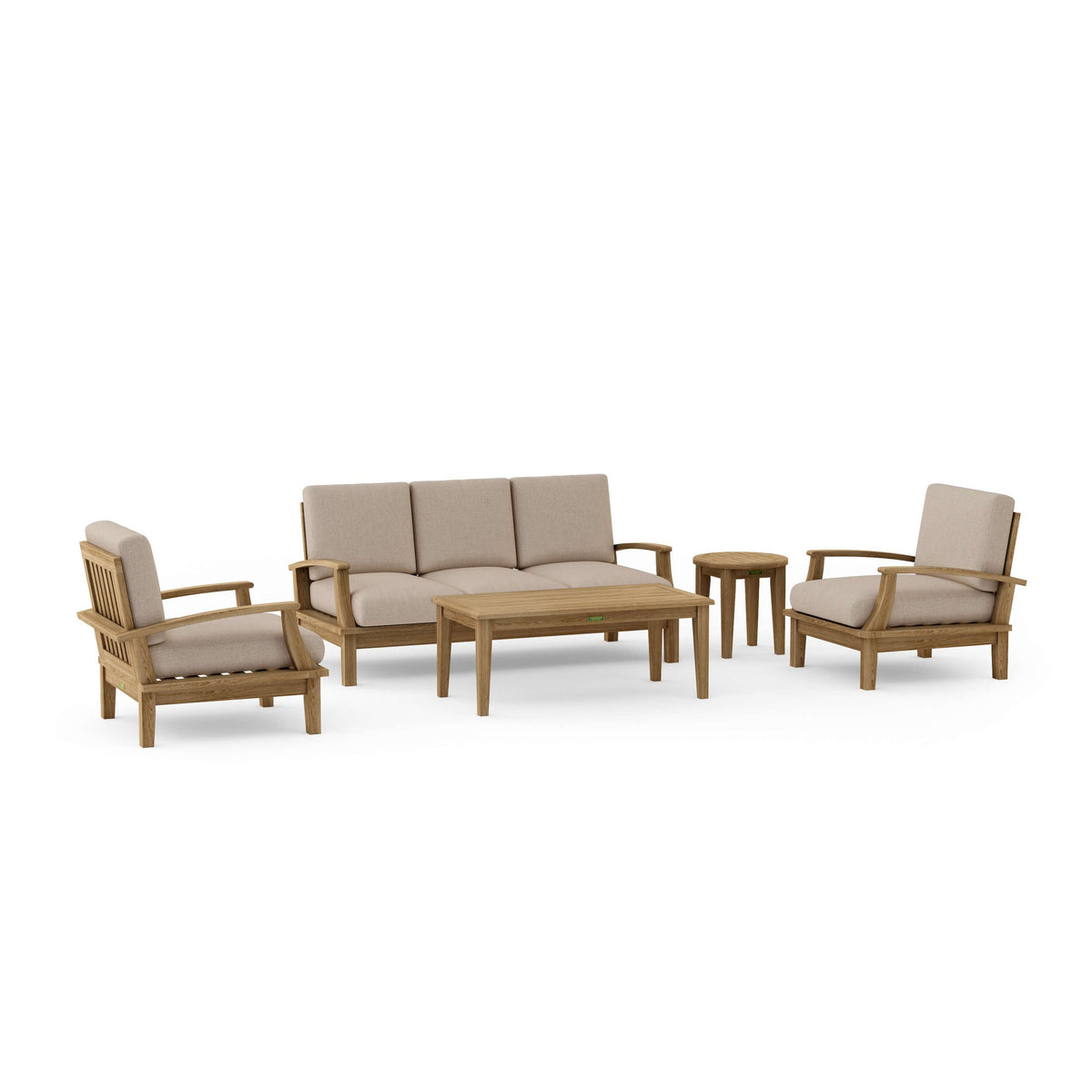 Outdoor furniture set with beige cushions on a white background