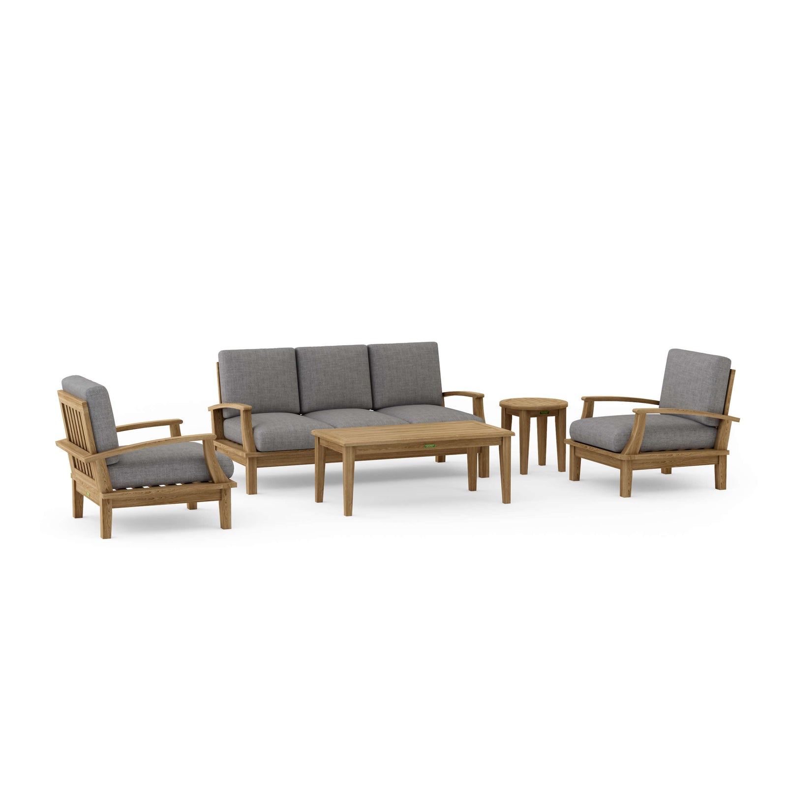 Outdoor furniture set with wooden frames and gray cushions on a white background