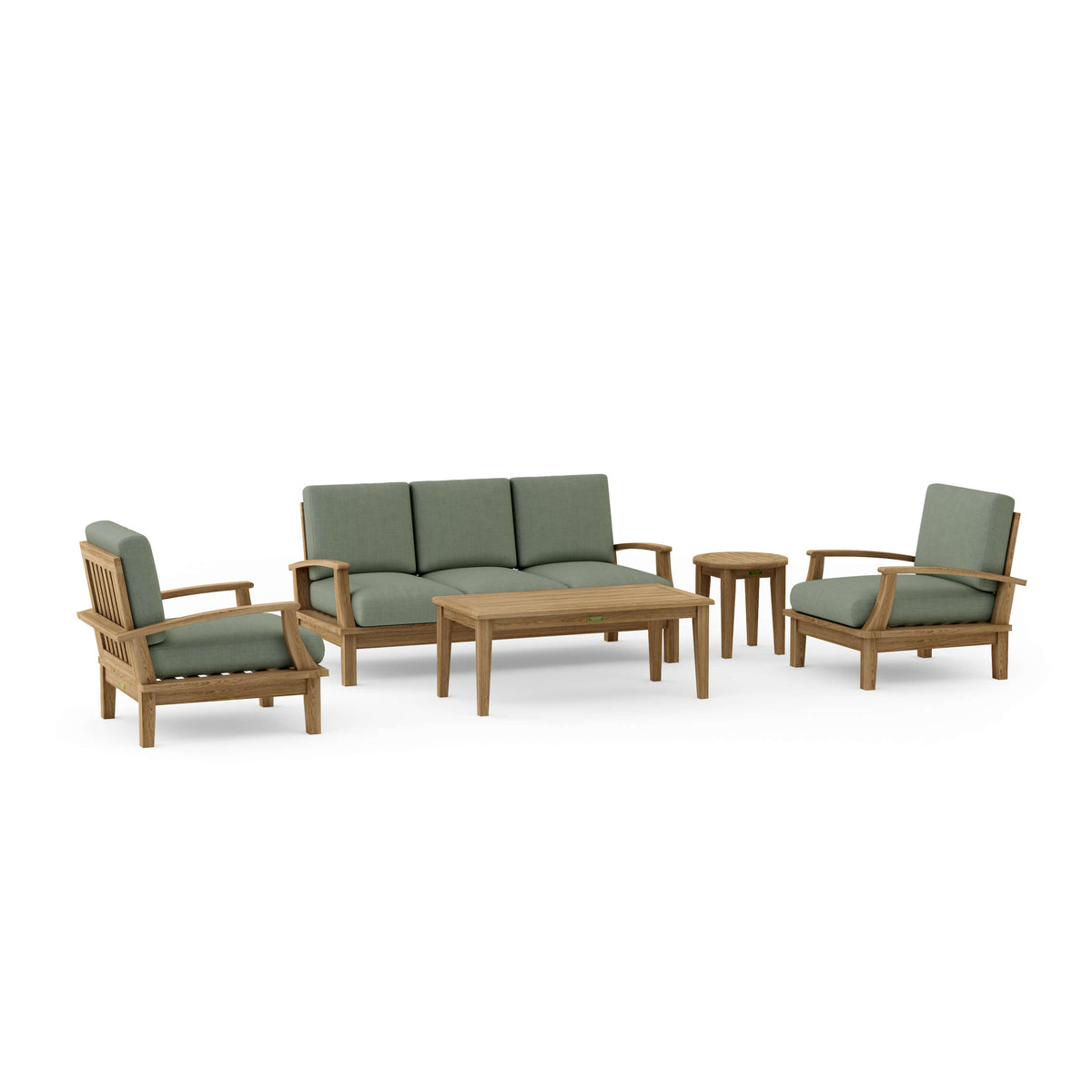 Outdoor furniture set with wooden frames and green cushions on a white background