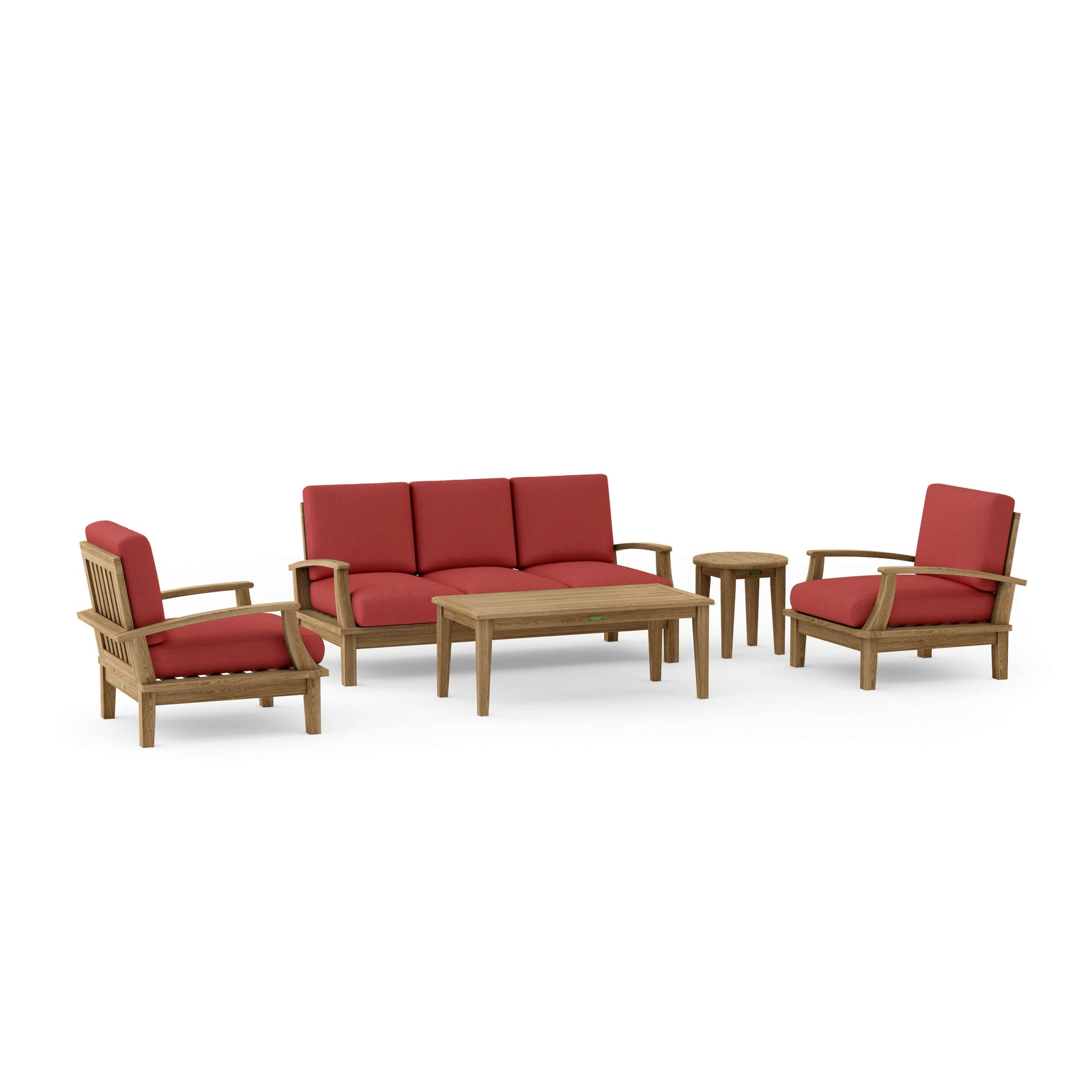 Outdoor furniture set with red cushions and wooden frames on a white background