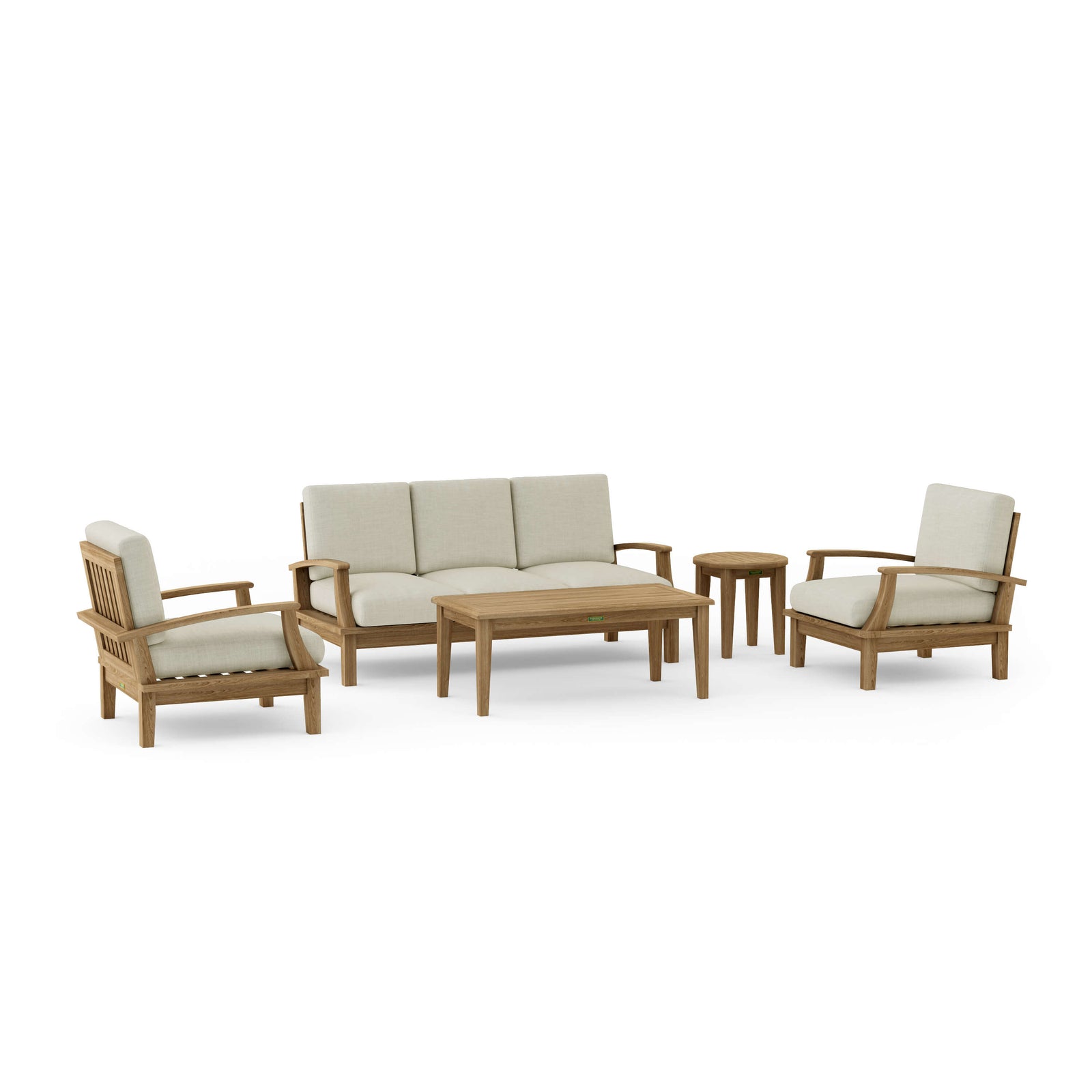 Outdoor furniture set with wooden frames and beige cushions on a white background