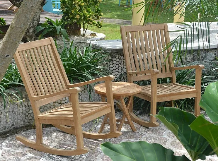 Del-Amo Bahama 3-Pc Teak Rocking Chair & Folding Side Table Set | BetterPatio // BetterPatio.com