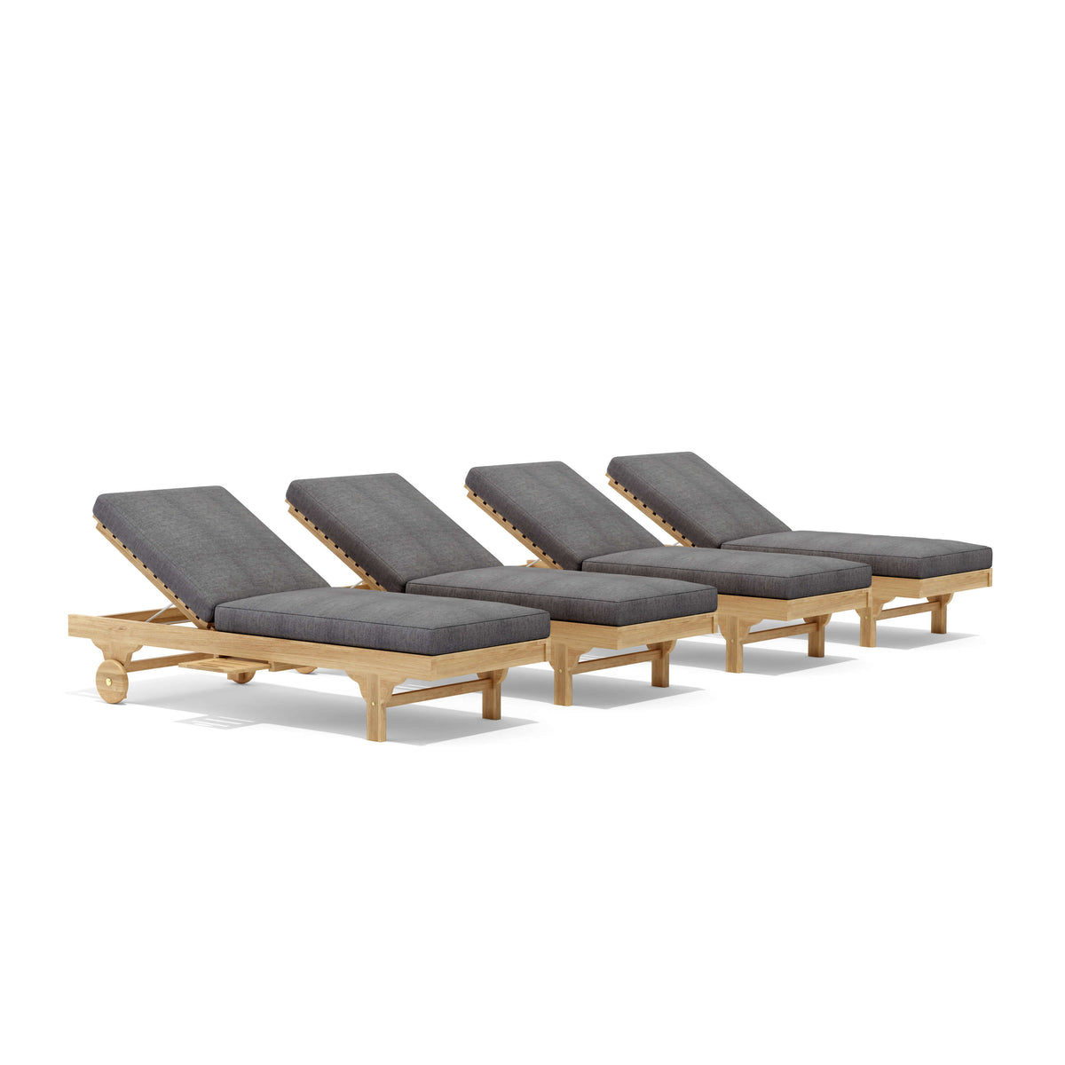 Four wooden lounge chairs with gray cushions on a white background