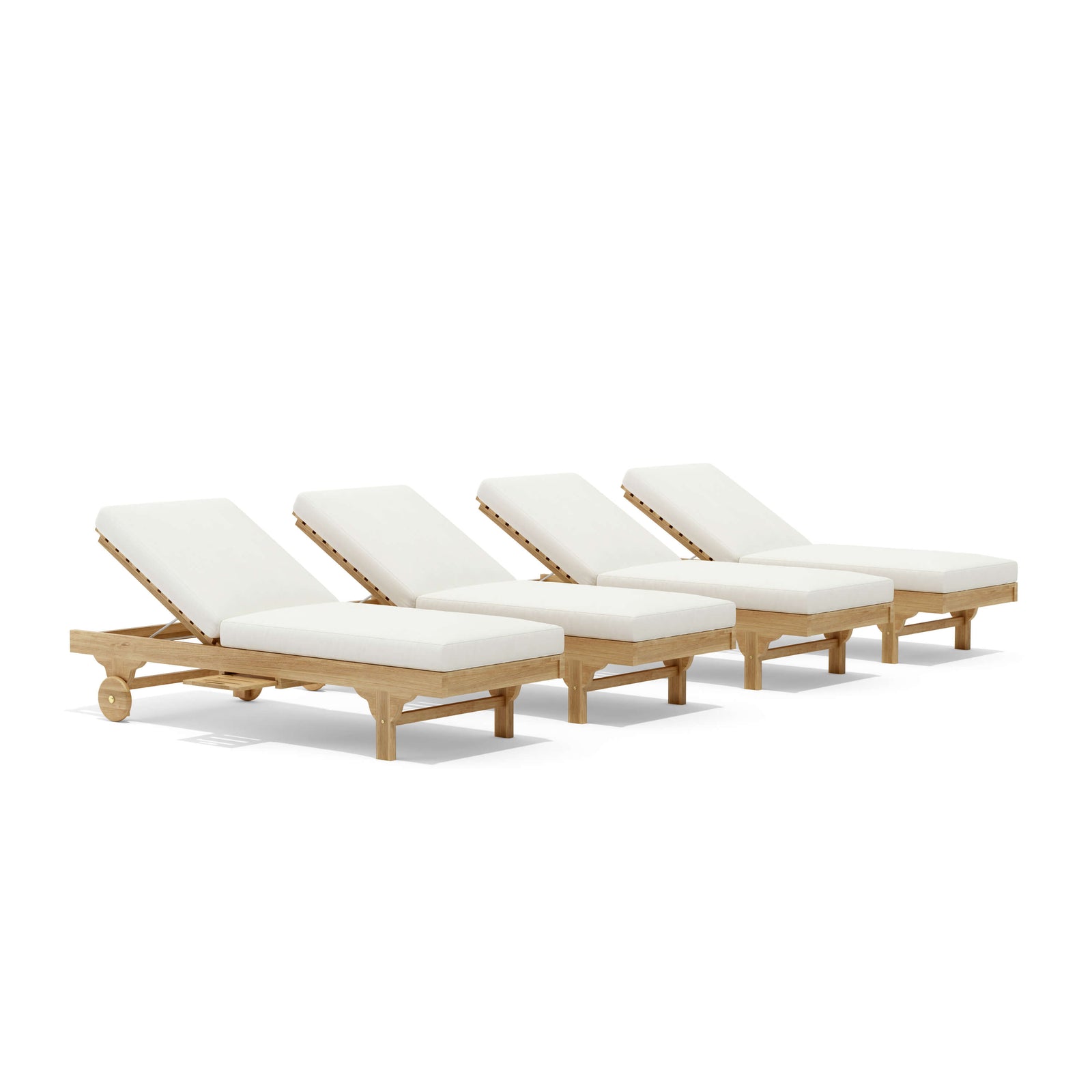 Four wooden lounge chairs with white cushions on a white background