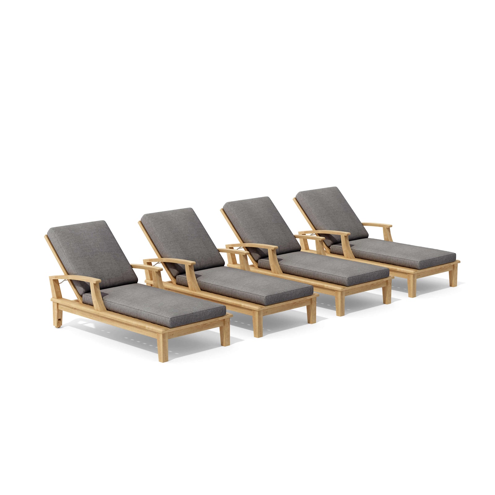 Four wooden lounge chairs with gray cushions on a white background