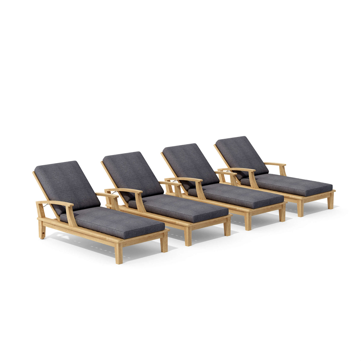 Four wooden lounge chairs with gray cushions on a white background