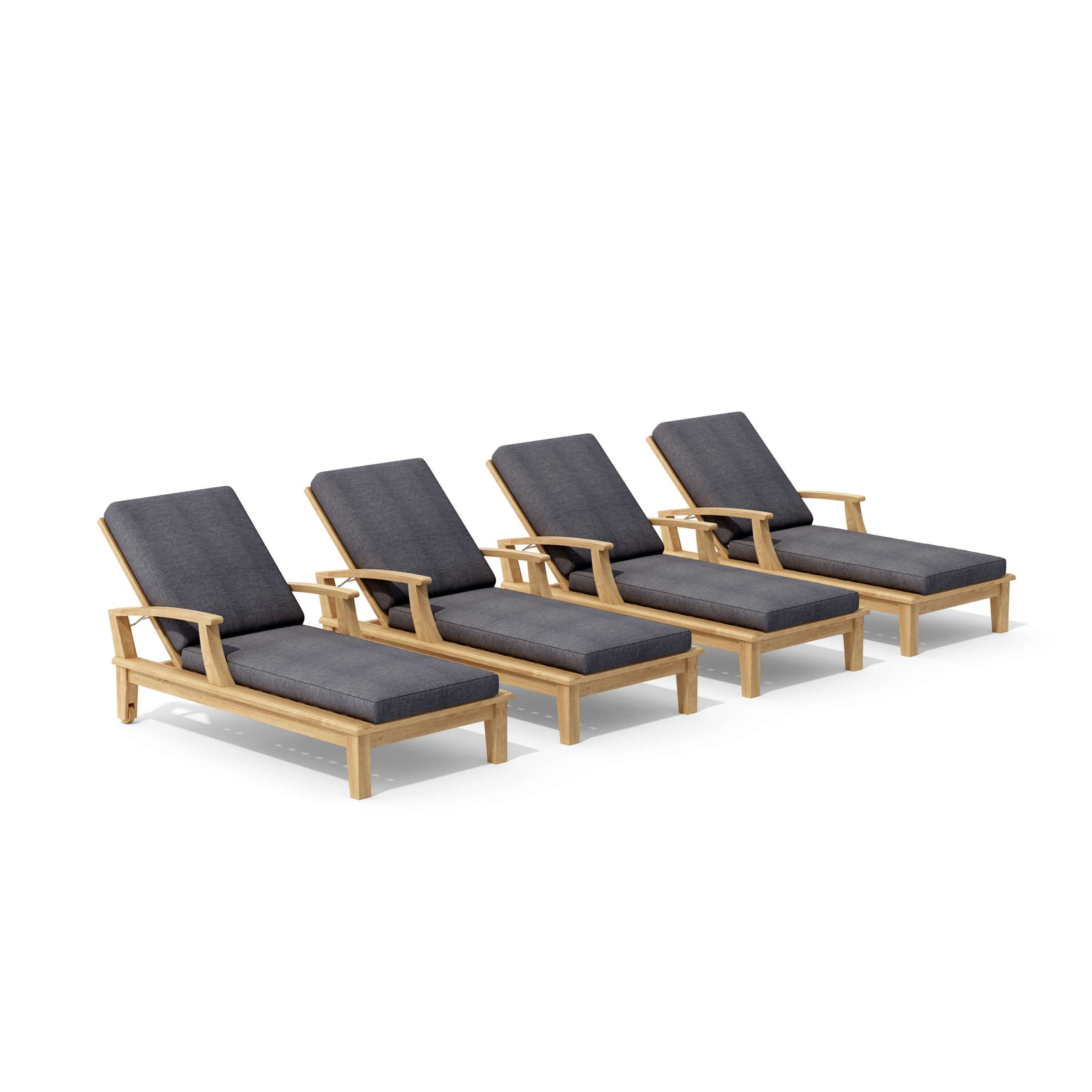 Four wooden lounge chairs with gray cushions on a white background