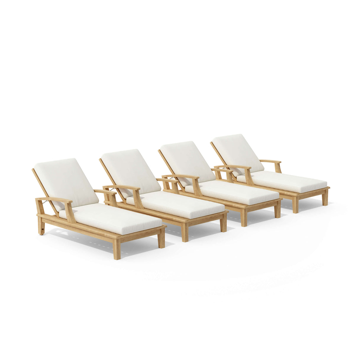 Four wooden lounge chairs with white cushions on a white background