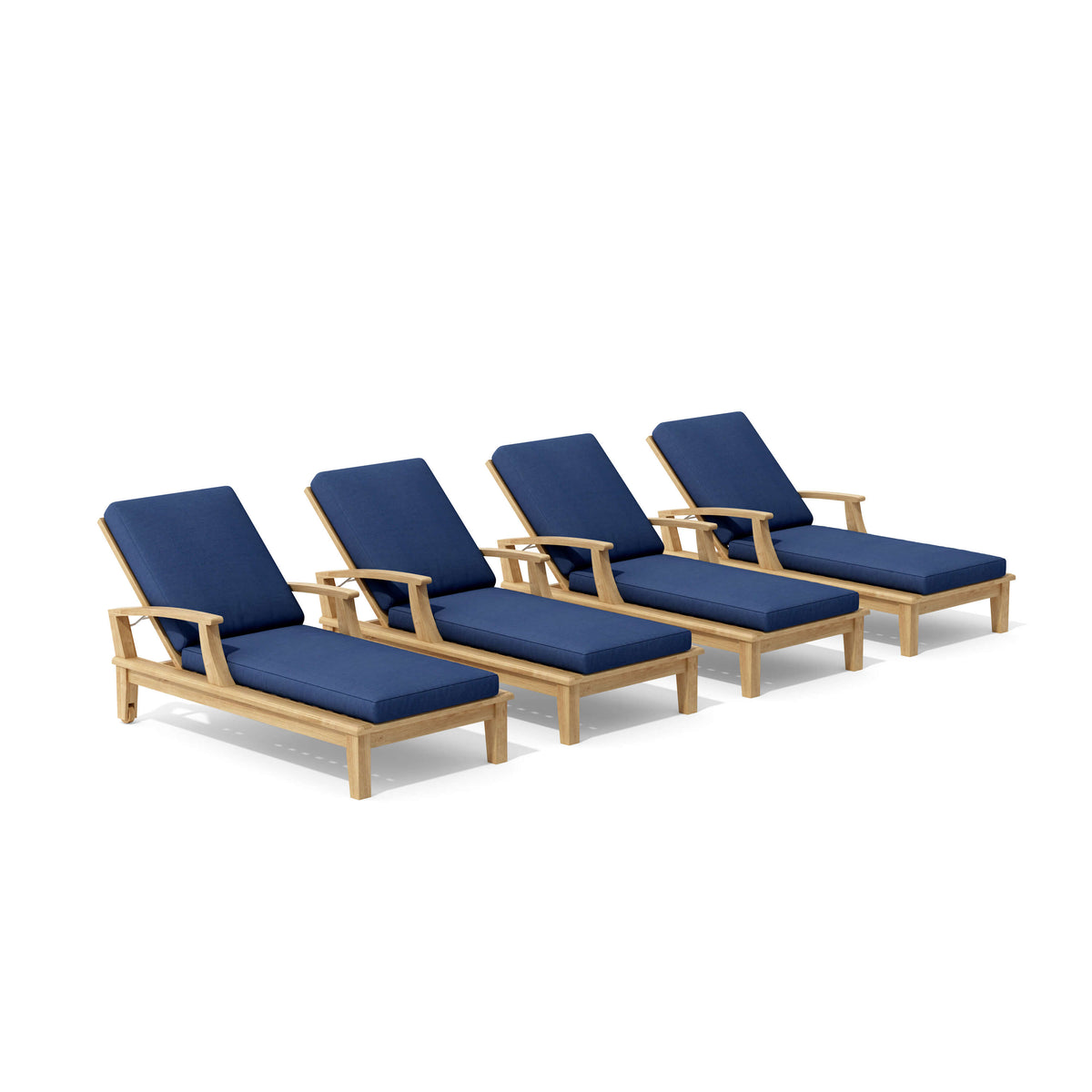 Four wooden lounge chairs with blue cushions on a white background