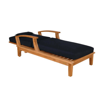 Wooden outdoor lounge chair with black cushions on a white background