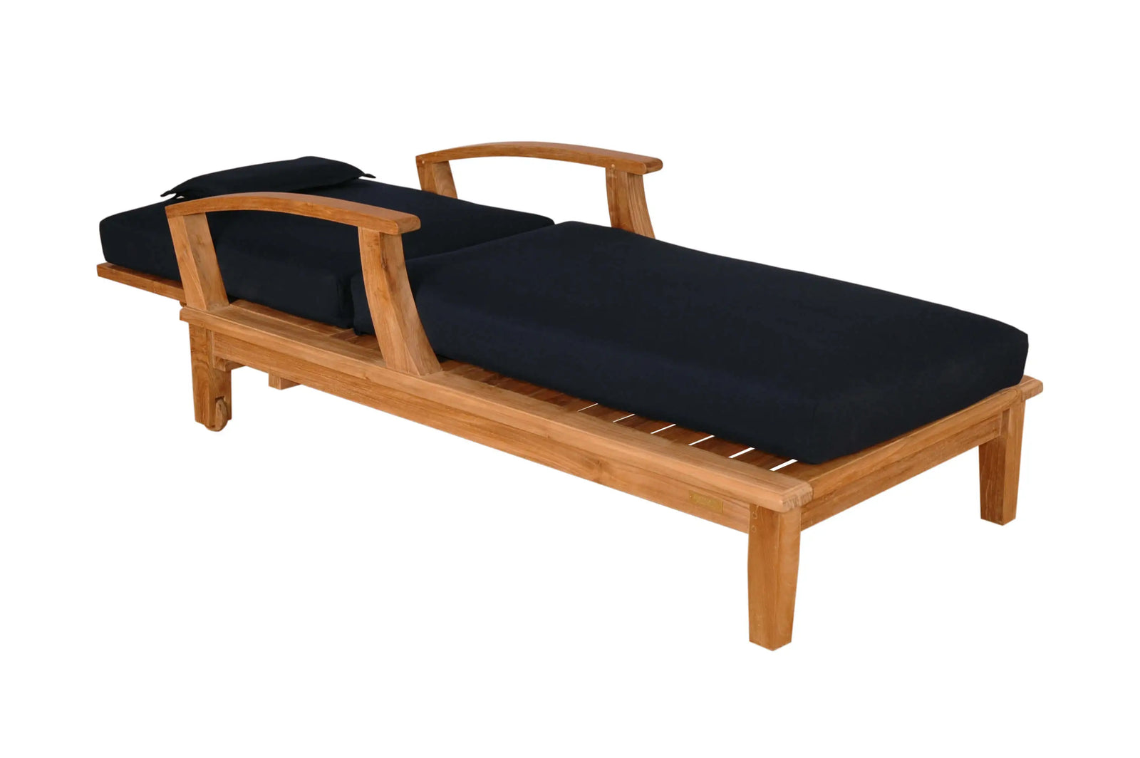 Wooden outdoor lounge chair with black cushions on a white background