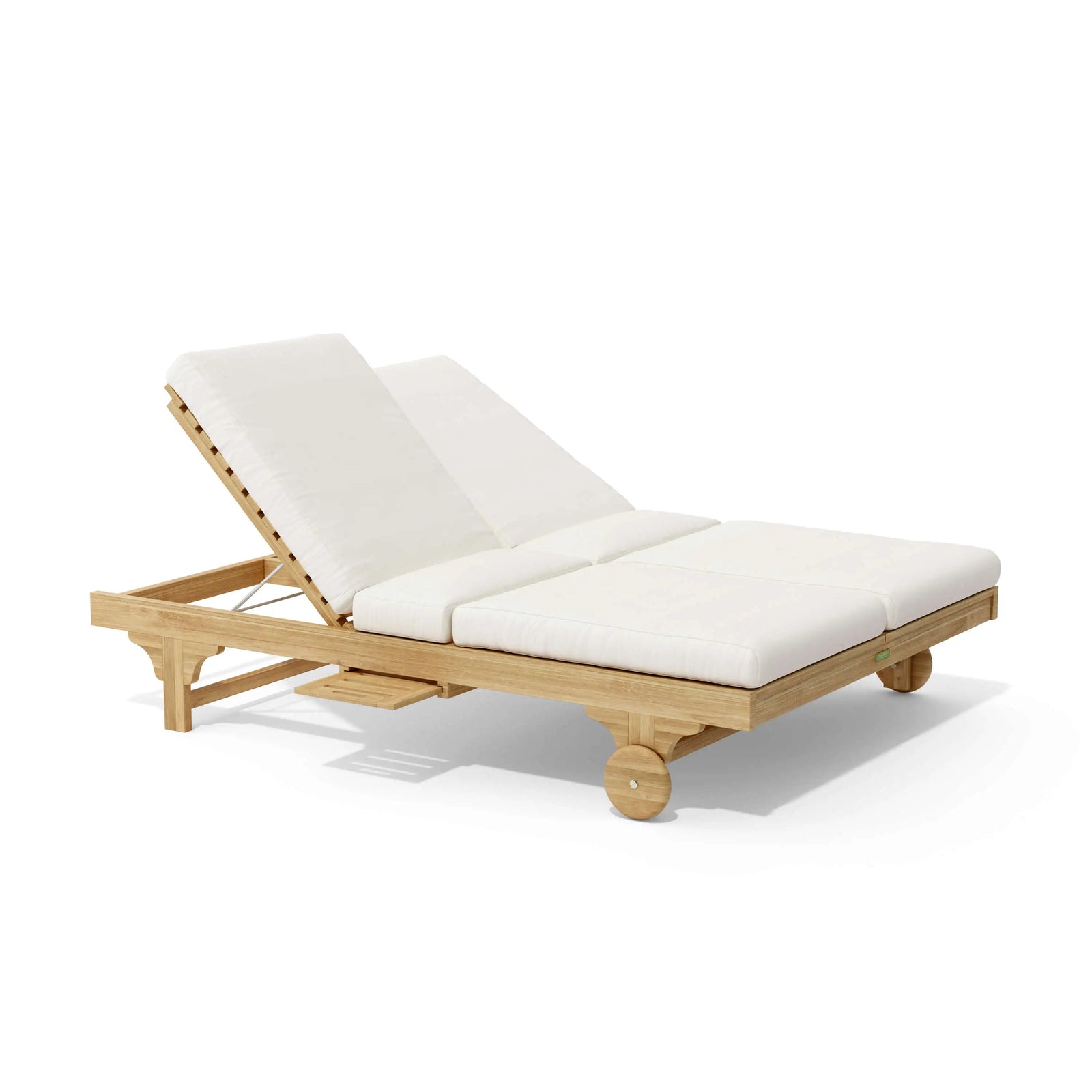Wooden lounge chair with white cushions on a white background