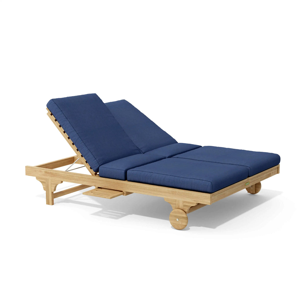 Wooden lounge chair with blue cushions on a white background