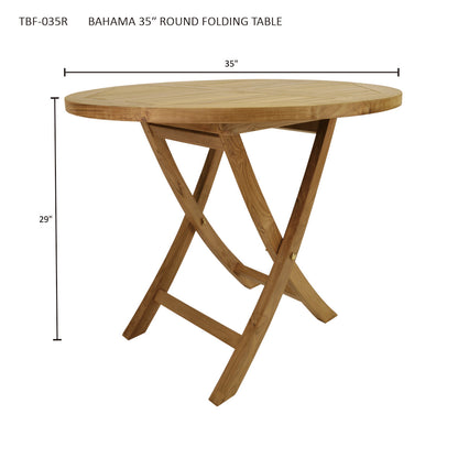 Wooden round folding table with dimensions on a white background