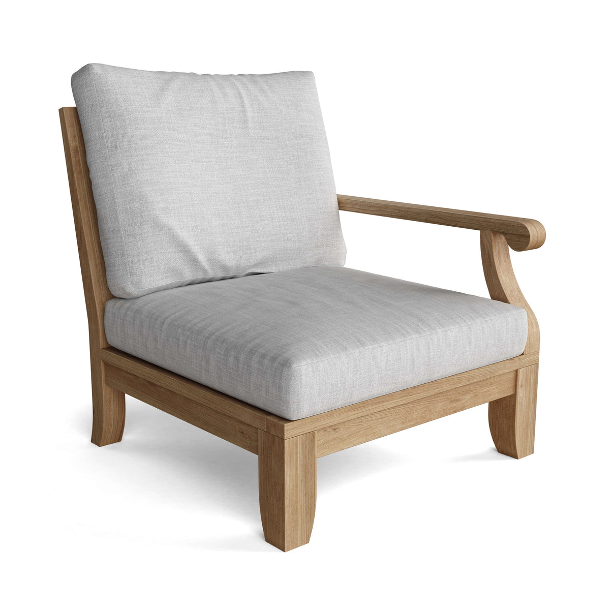 Wooden armchair with light gray cushions on a white background