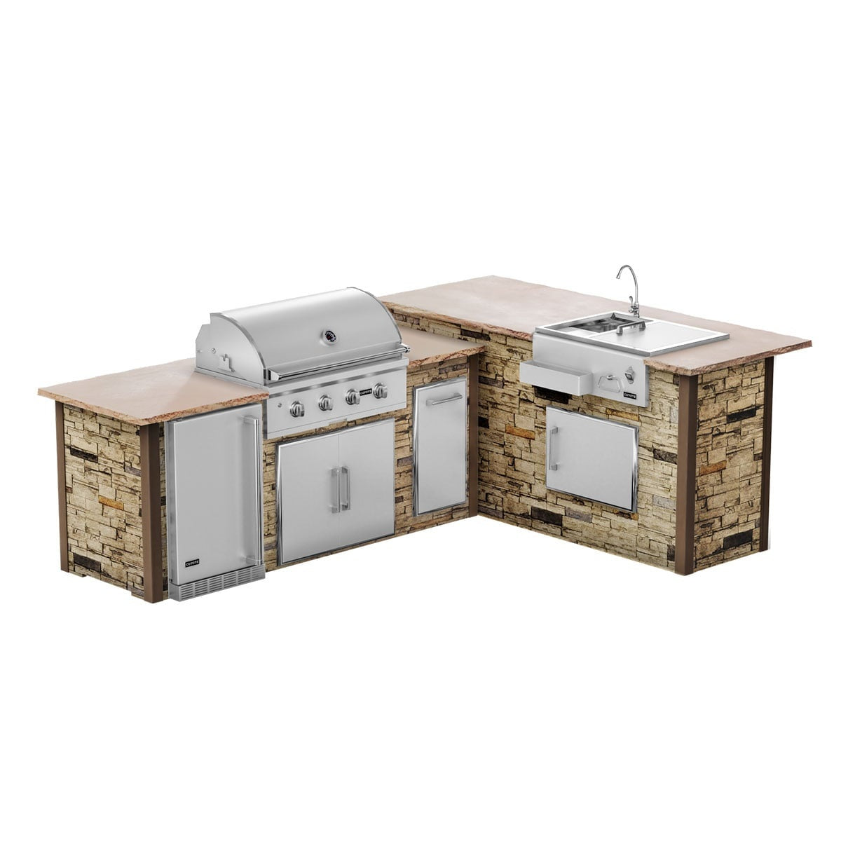 RTA Outdoor Living G7 L-Shaped Outdoor Kitchen Island with Coyote 36-Inch C-Series Grill, Fridge and Refreshment Bar - Sta...