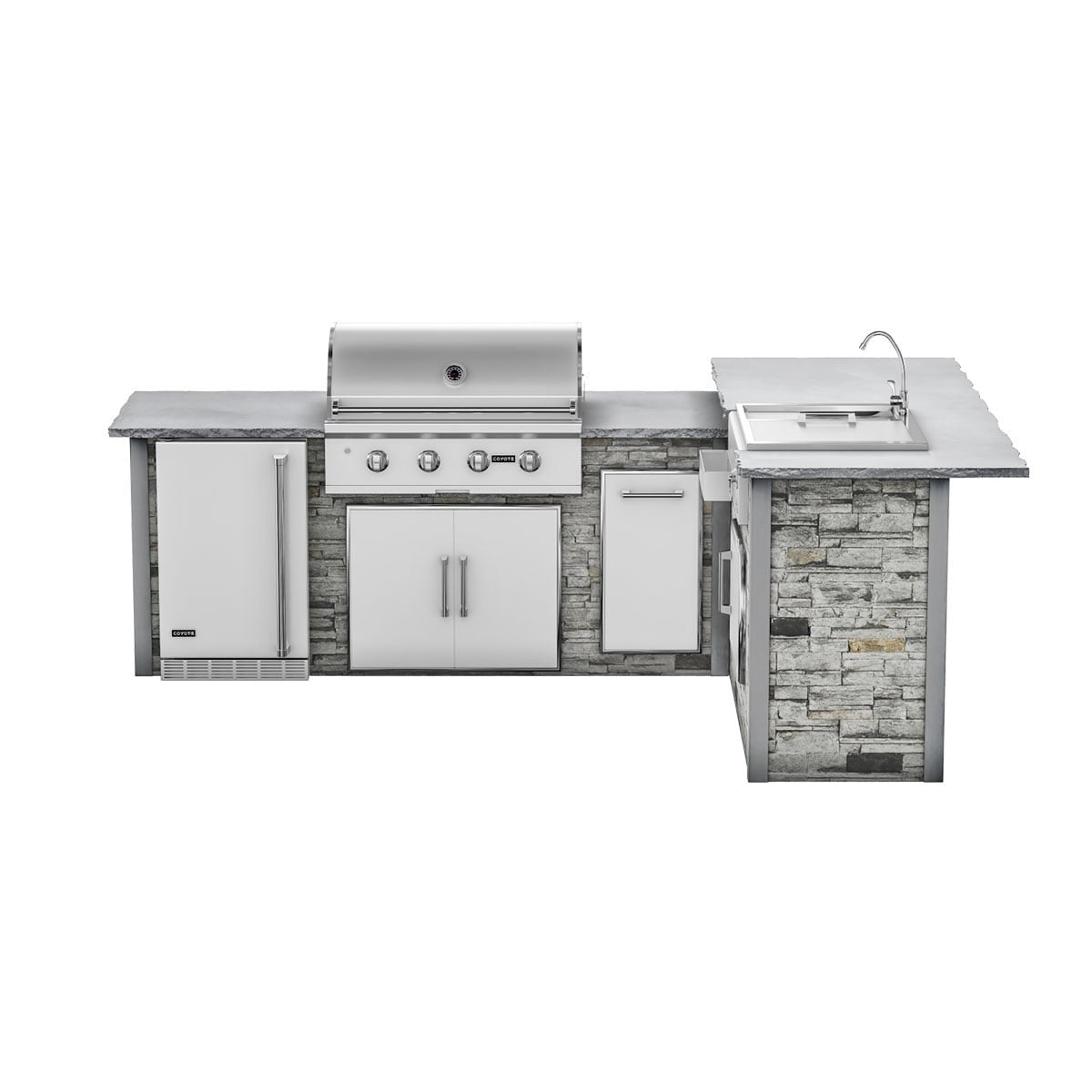 RTA Outdoor Living G7 L-Shaped Outdoor Kitchen Island with Coyote 36-Inch C-Series Grill, Fridge and Refreshment Bar - Sta...