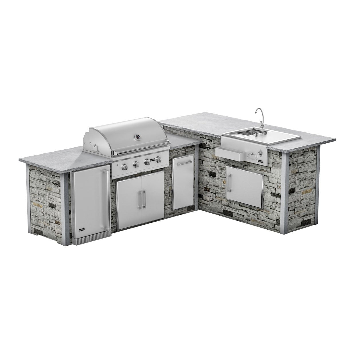 RTA Outdoor Living G7 L-Shaped Outdoor Kitchen Island with Coyote 36-Inch C-Series Grill, Fridge and Refreshment Bar - Sta...