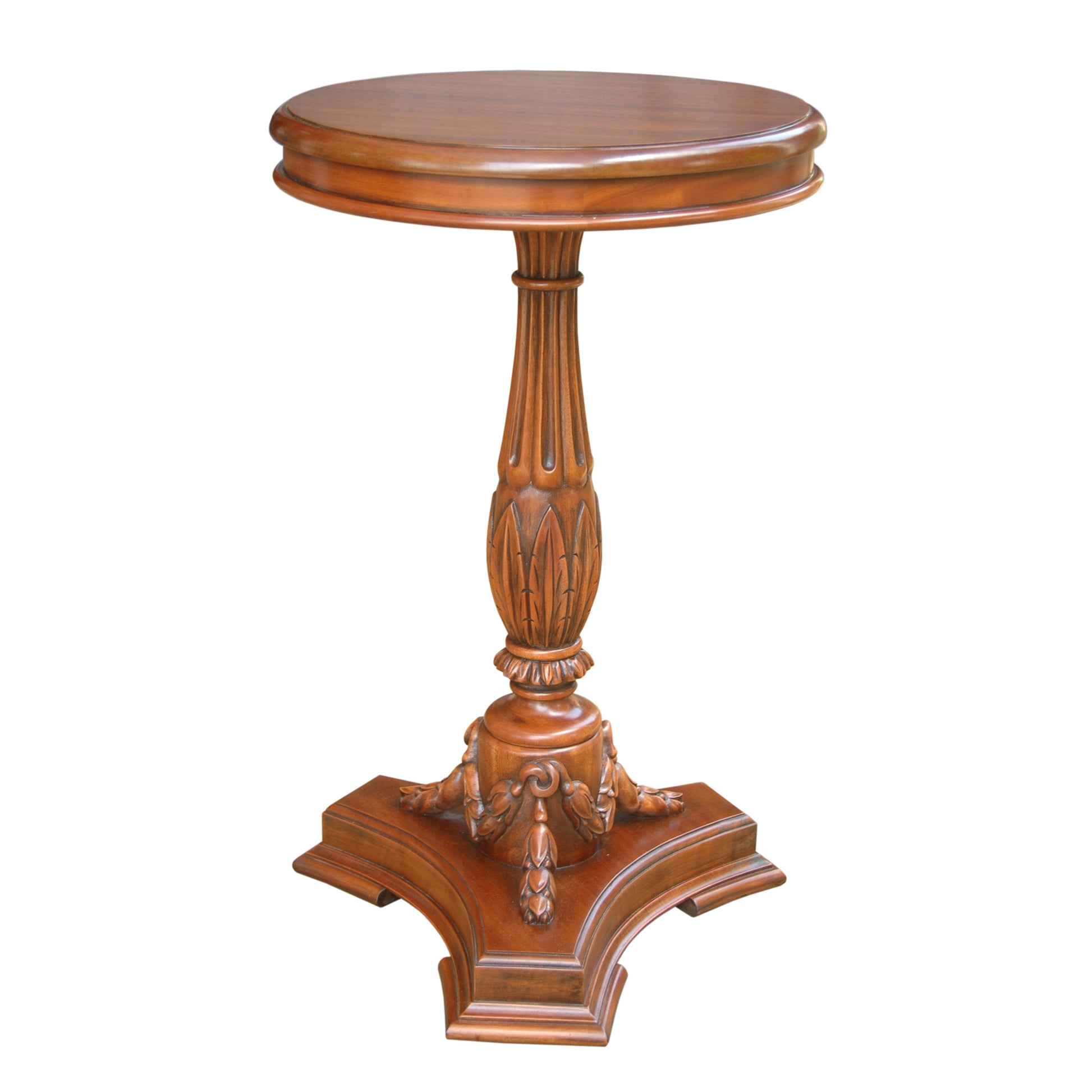 Wooden pedestal table with decorative base on a white background