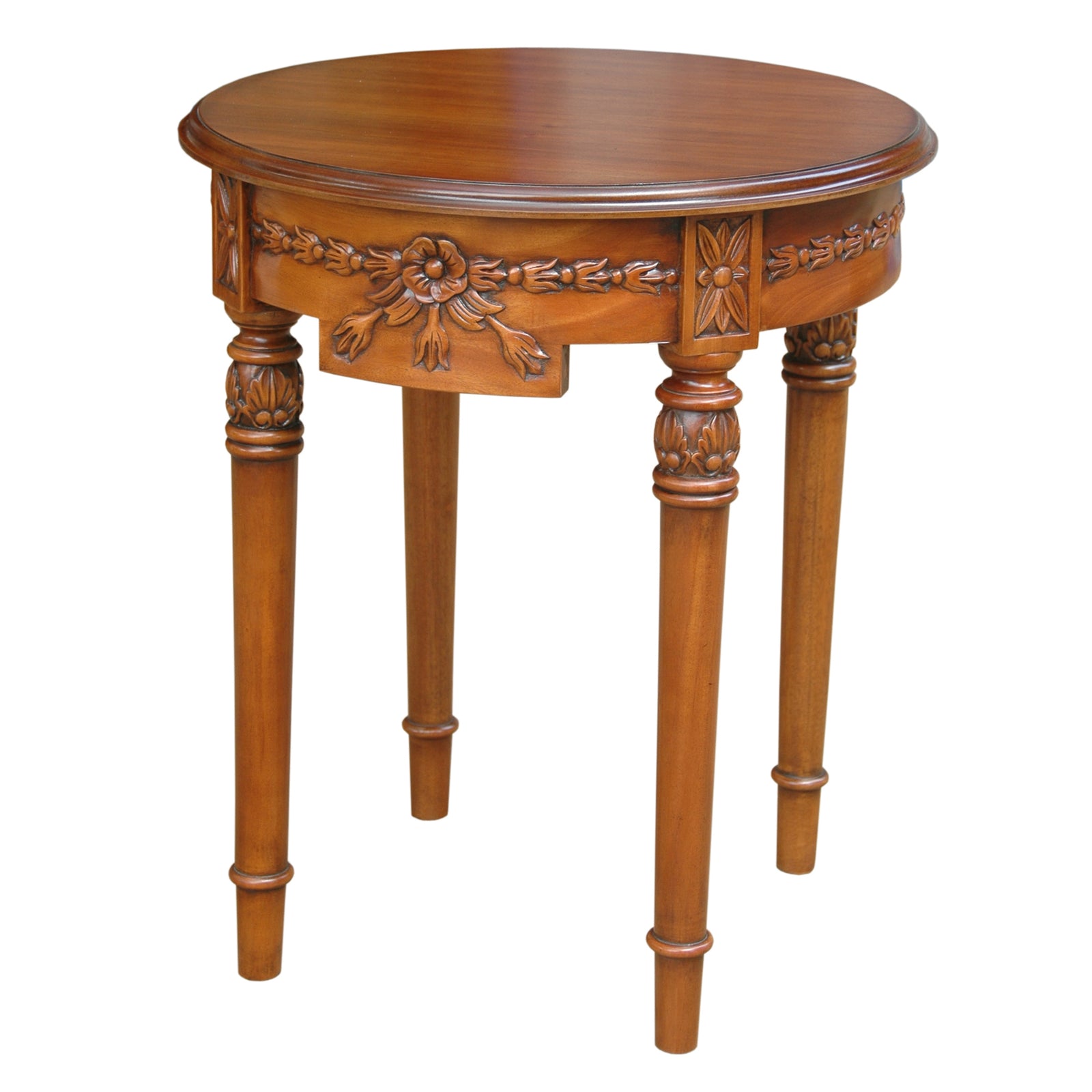 Wooden side table with intricate carvings on a white background