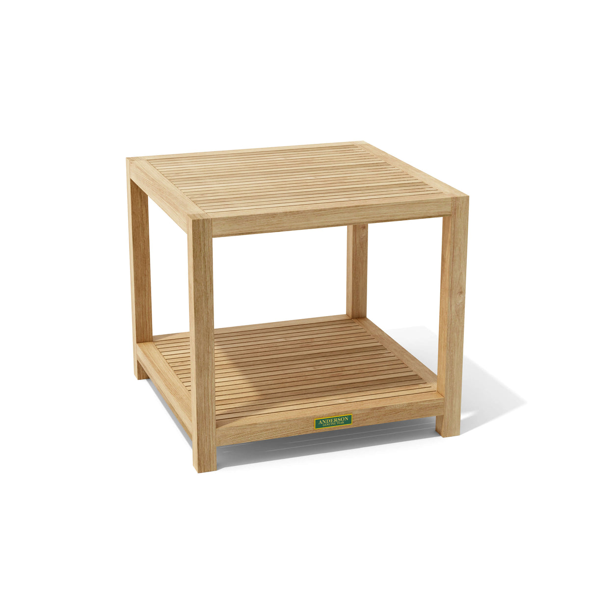 Wooden side table with a visible brand label on a white background