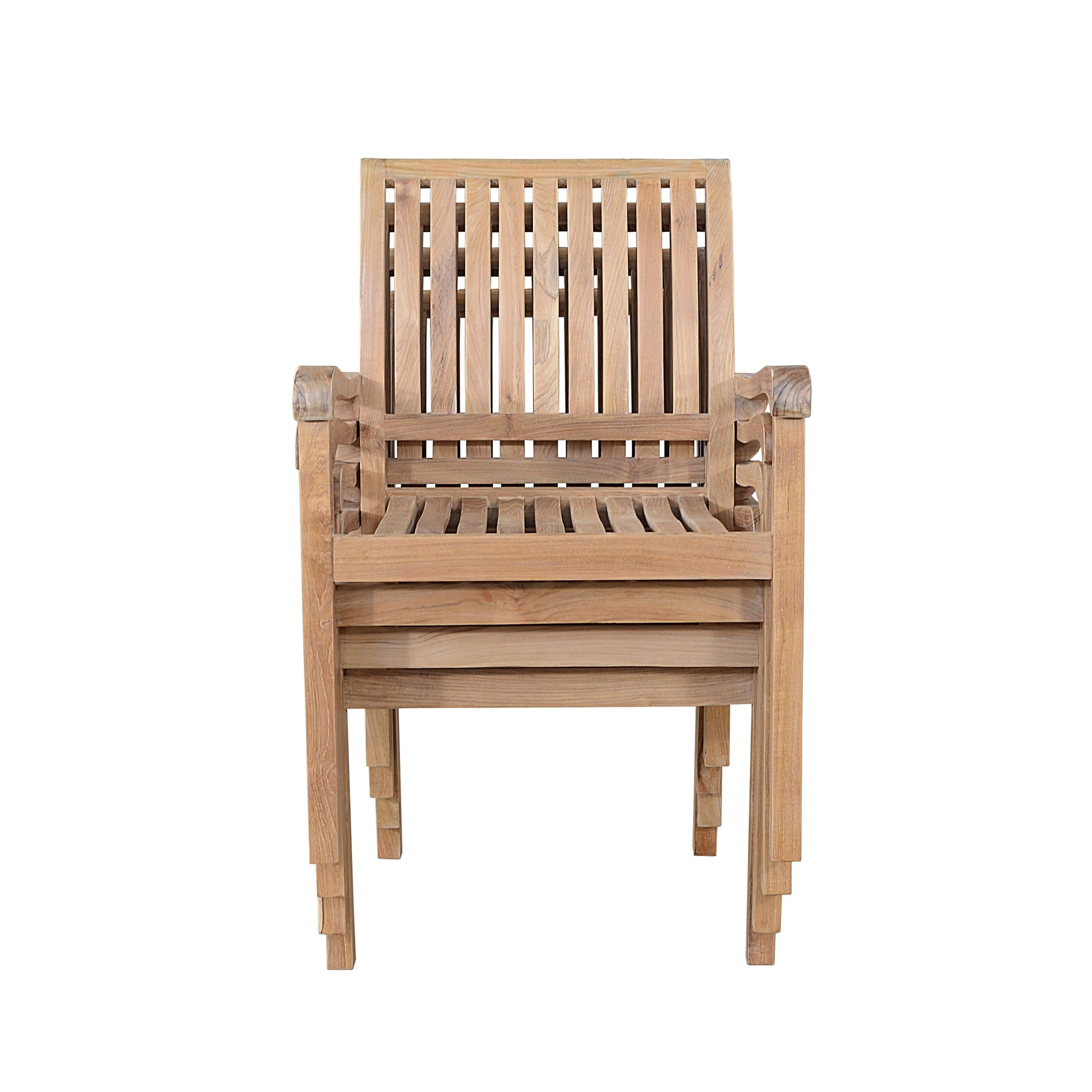 Anderson Teak Aspen Stackable Armchair Set of 4 - side angle showing teak slat back design