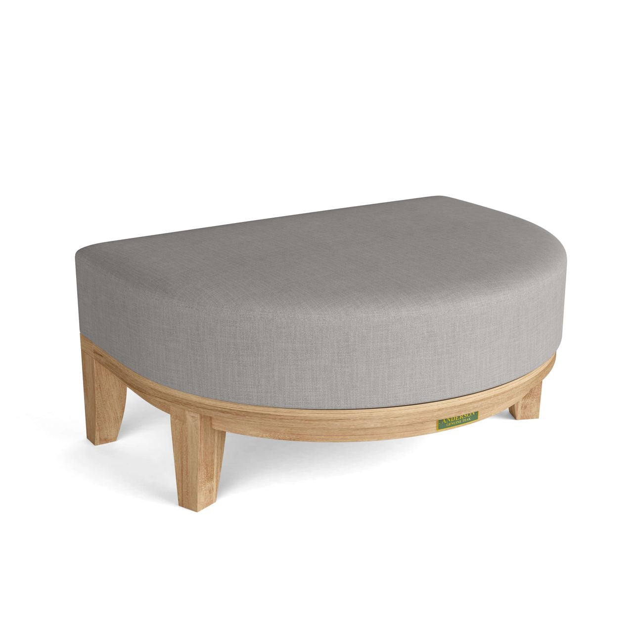 Gray cushioned ottoman with wooden legs on a white background