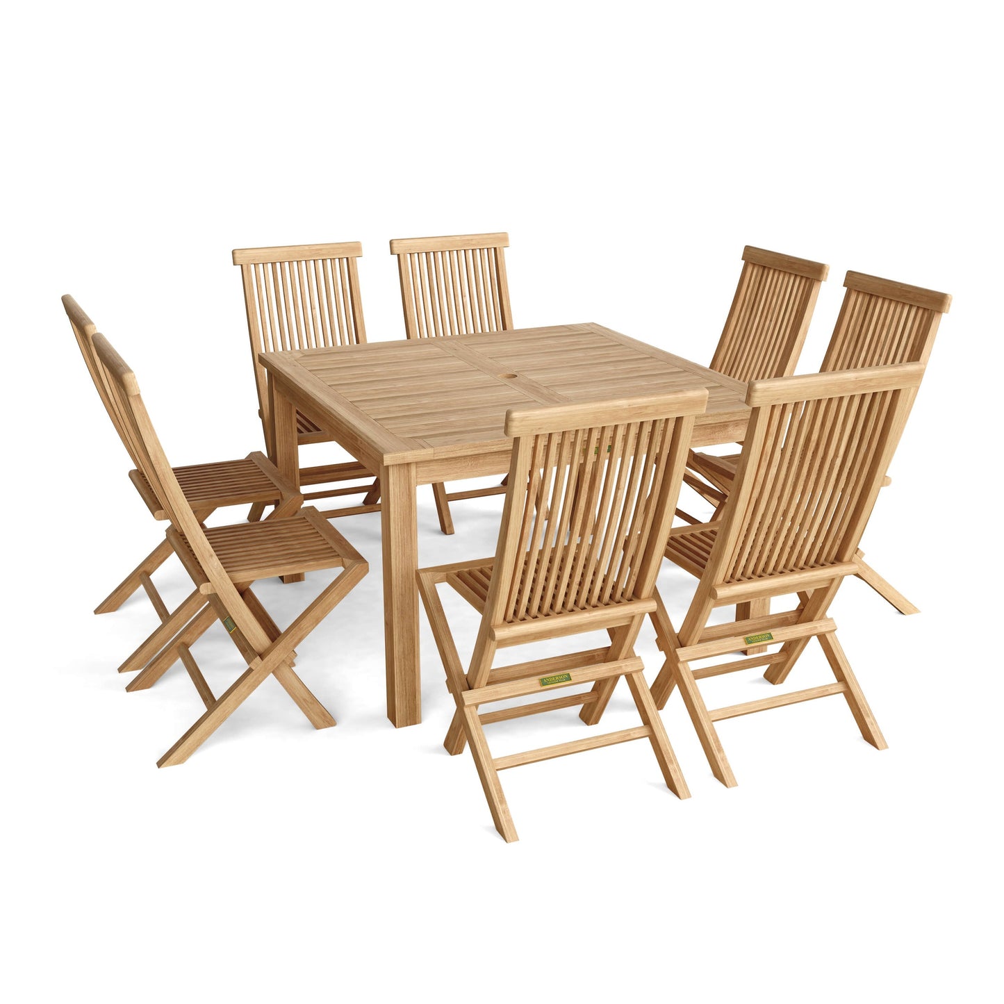 Wooden outdoor dining set with table and six chairs on a white background