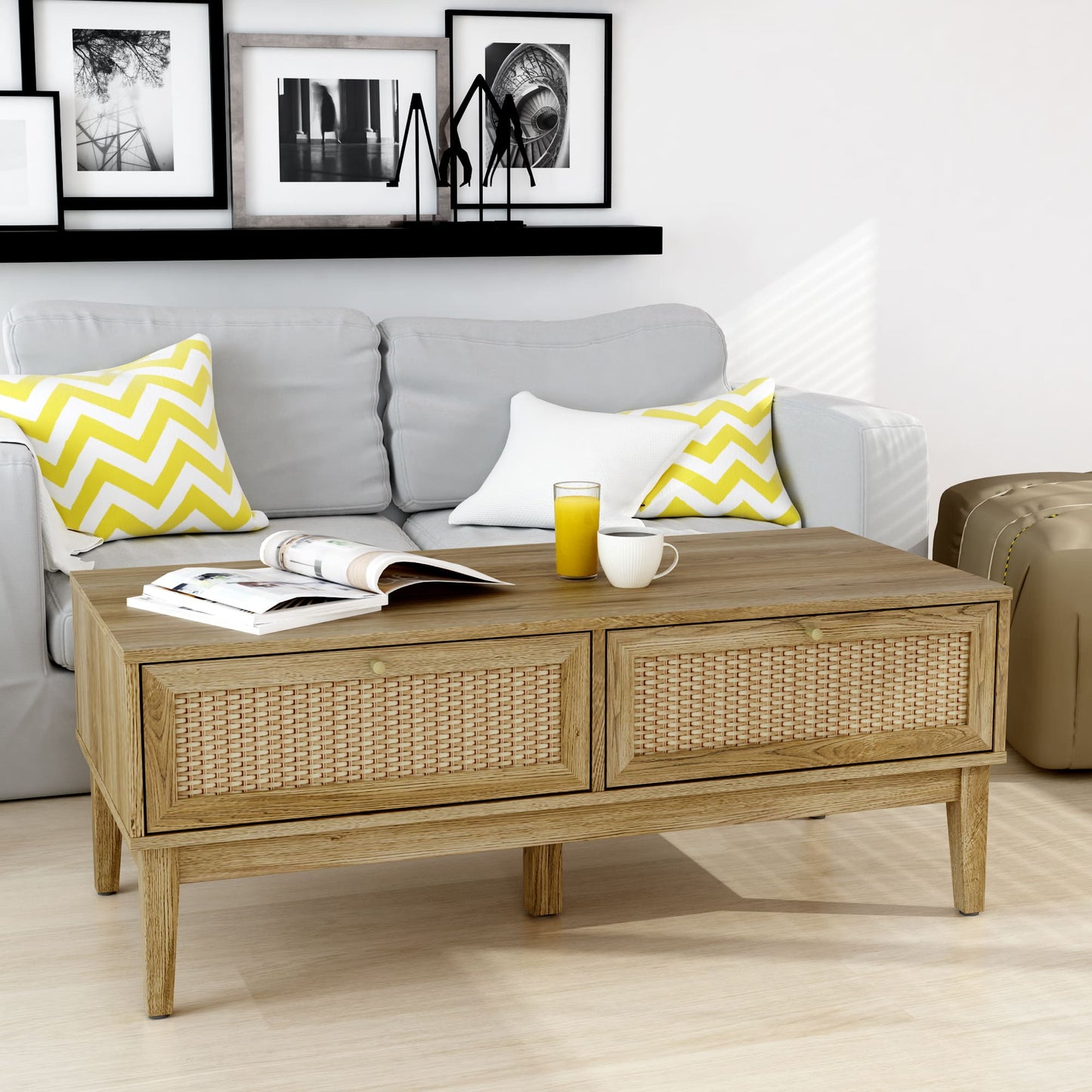 Living room with a gray sofa, wooden coffee table, and decorative items.