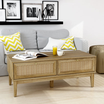 Living room with a gray sofa, wooden coffee table, and decorative items.