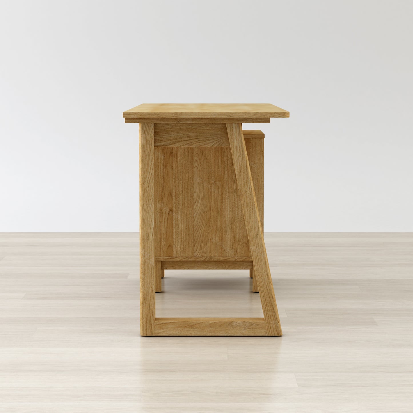 Wooden side table on a light wooden floor with a white background