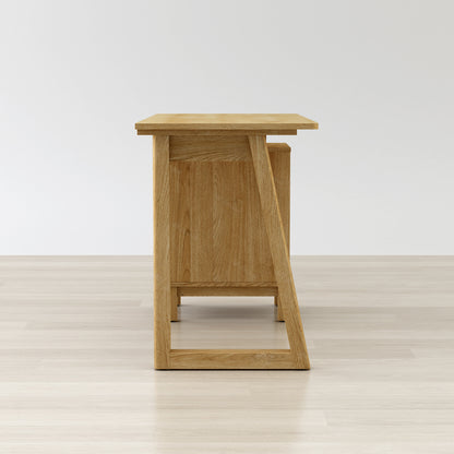 Wooden side table on a light wooden floor with a white background