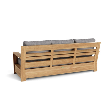 Wooden outdoor sofa with gray cushions on a white background