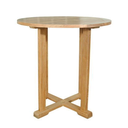 Wooden table with a round top and four legs on a white background