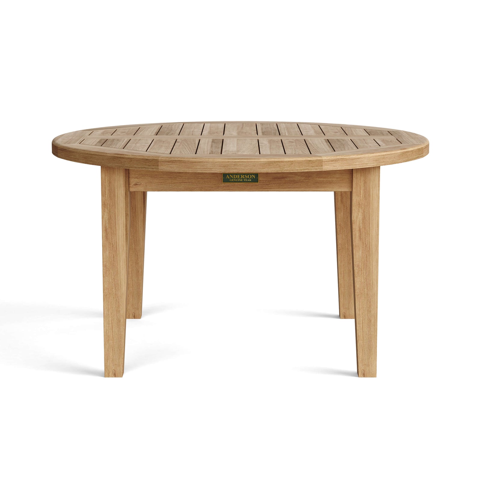 Round wooden table with a visible brand logo on a white background