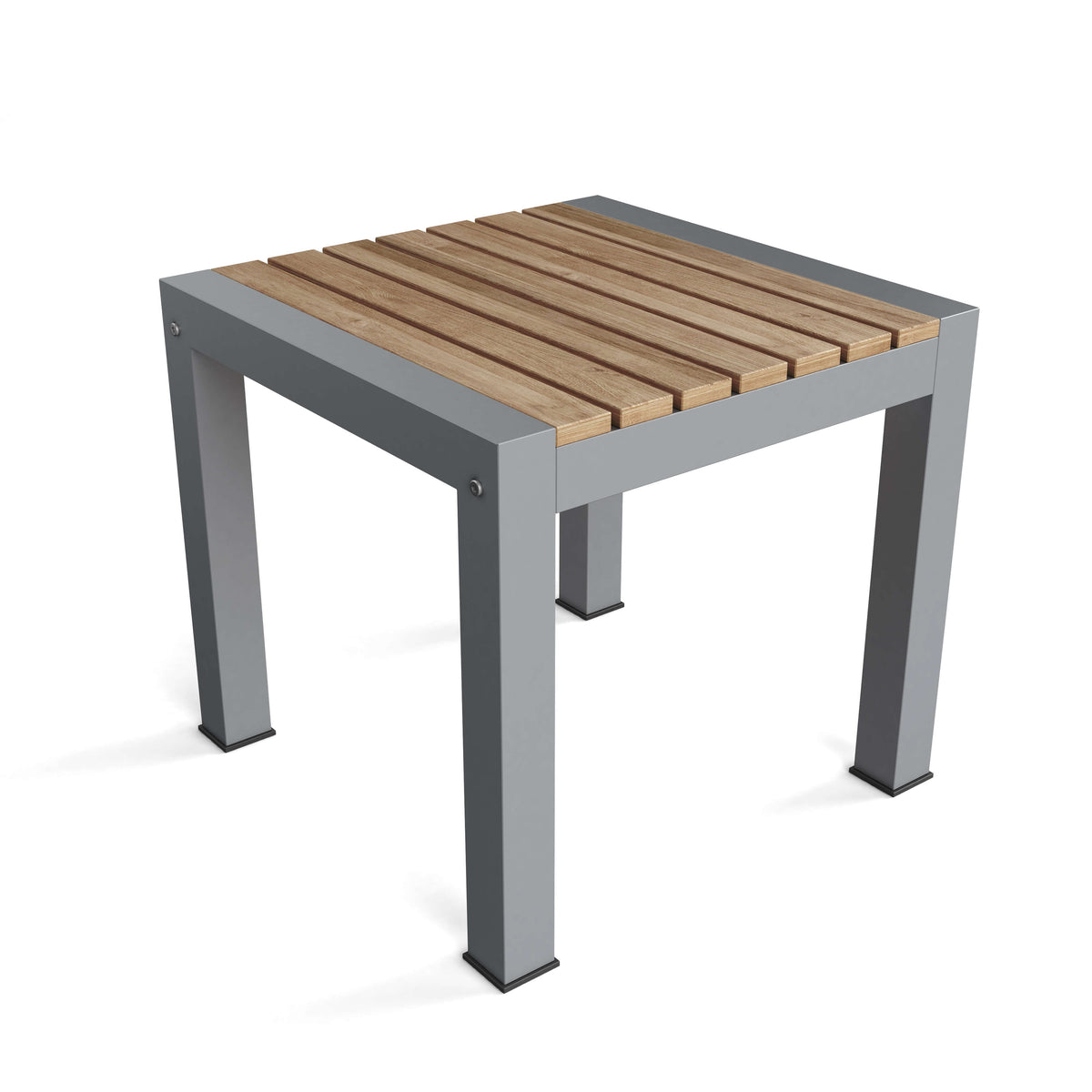 Square table with wooden slats and gray metal legs on a white background