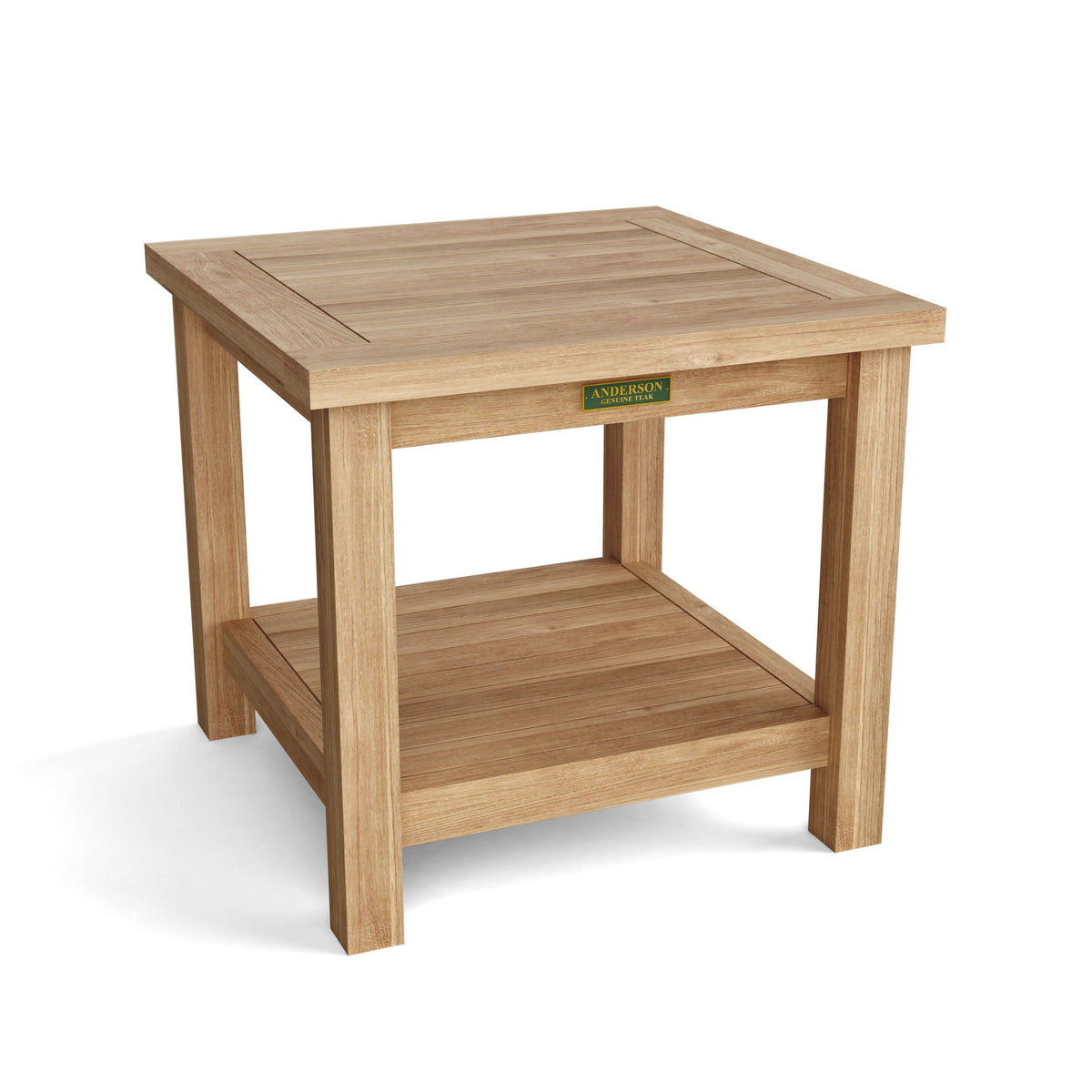 Wooden side table with a brand label on a white background