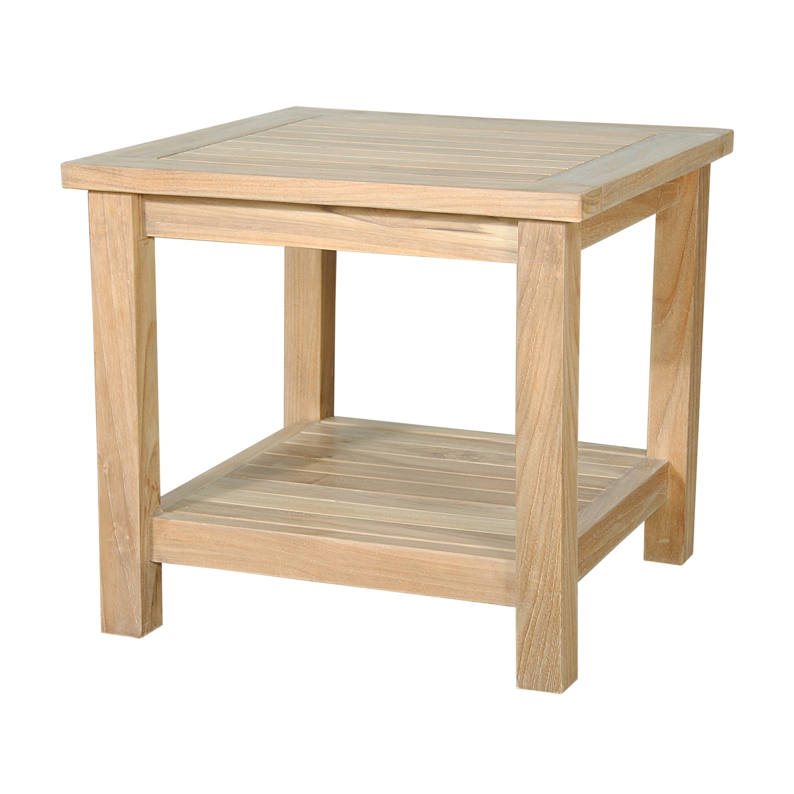 Wooden side table with a shelf on a white background