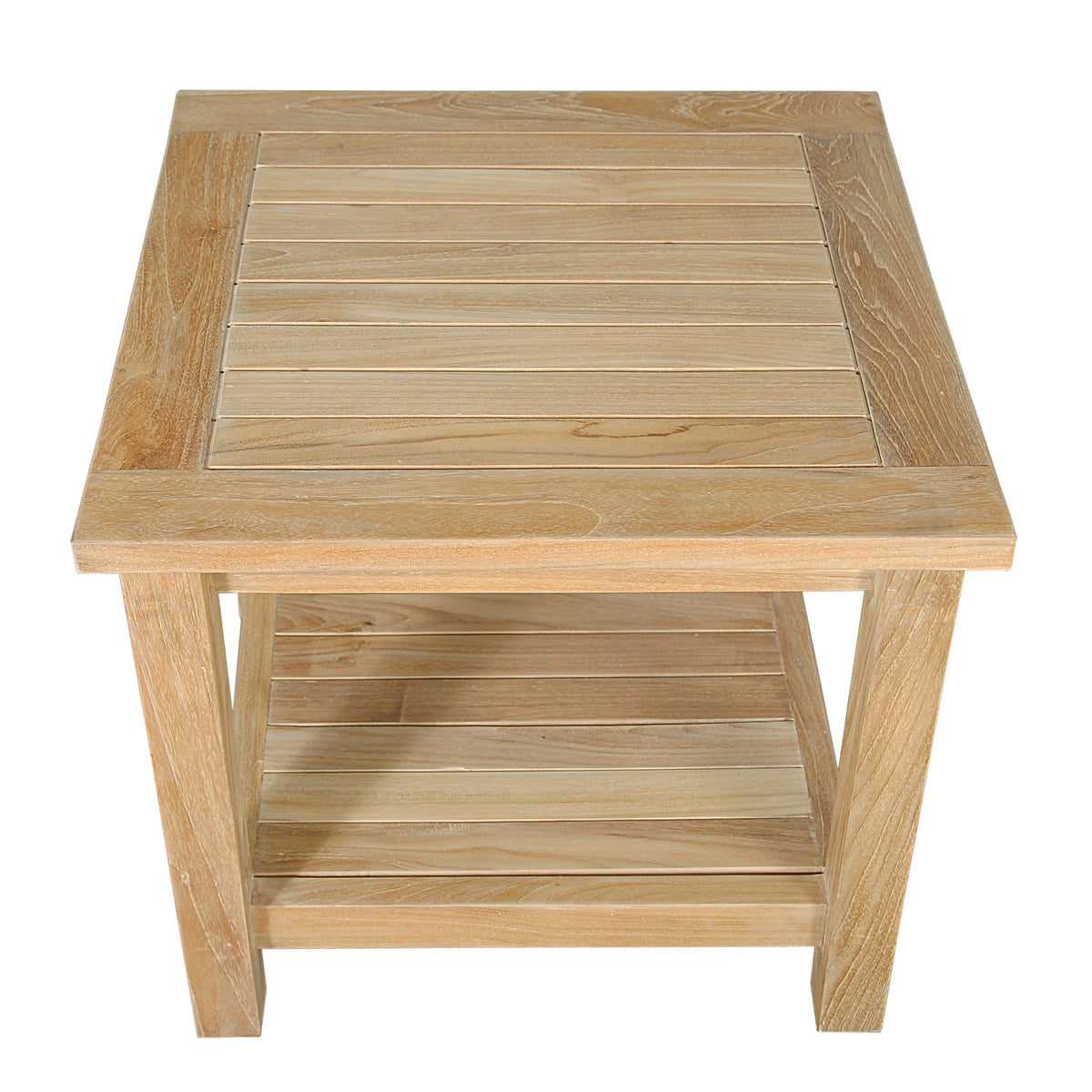Wooden side table with a slatted design on a white background