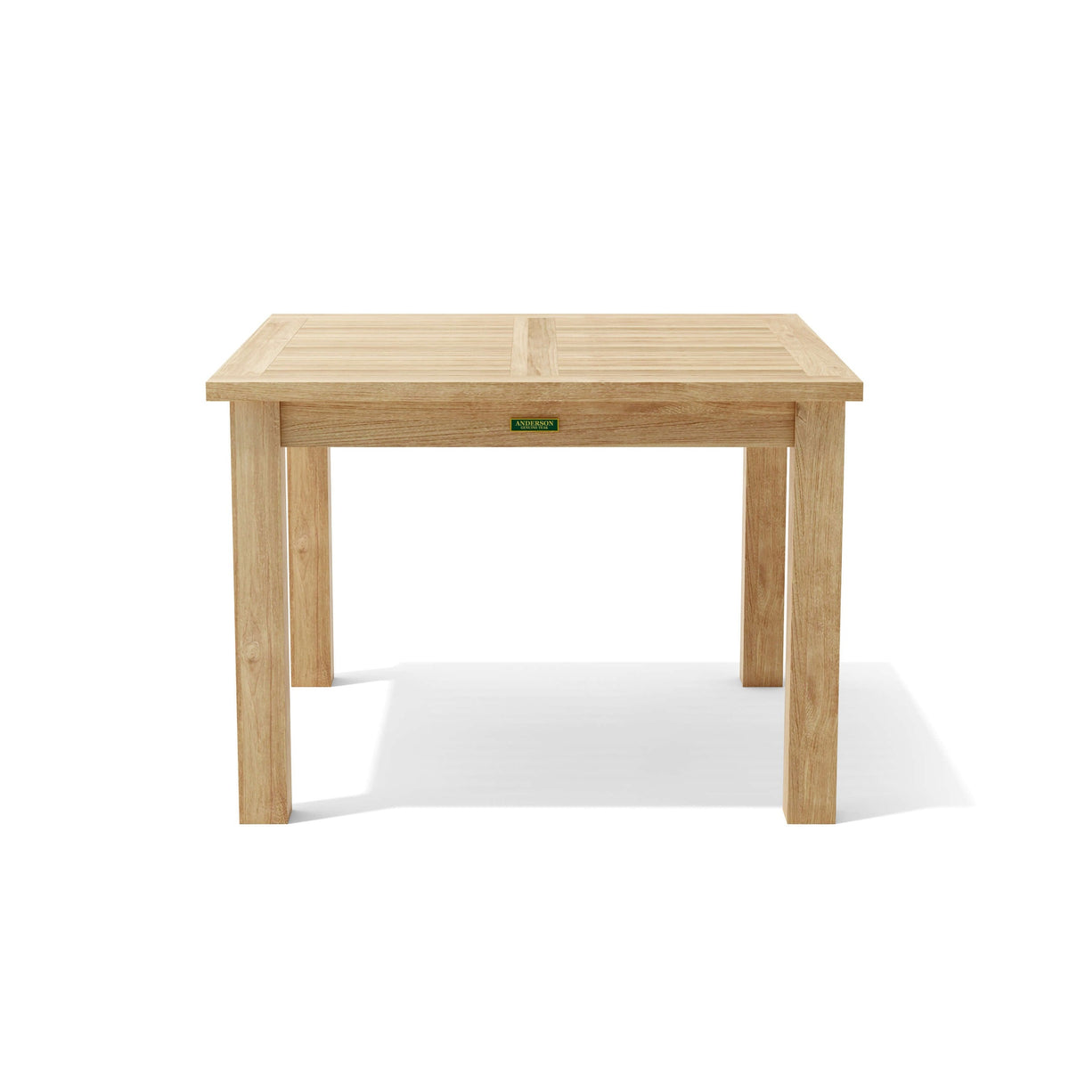 Wooden table with a visible brand logo on a white background