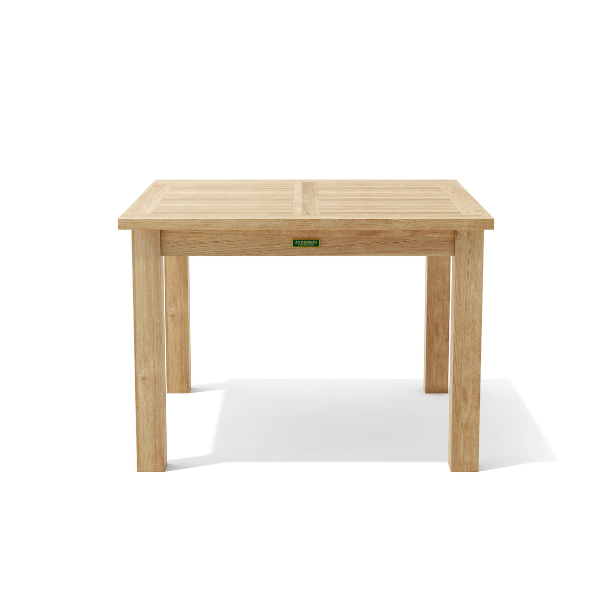 Wooden table with a visible brand logo on a white background