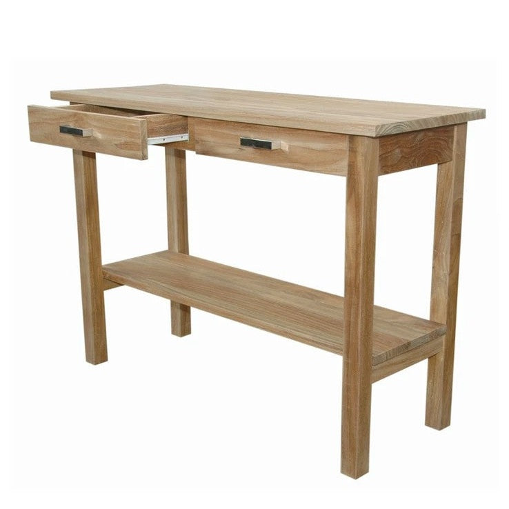 Wooden table with two drawers on a white background
